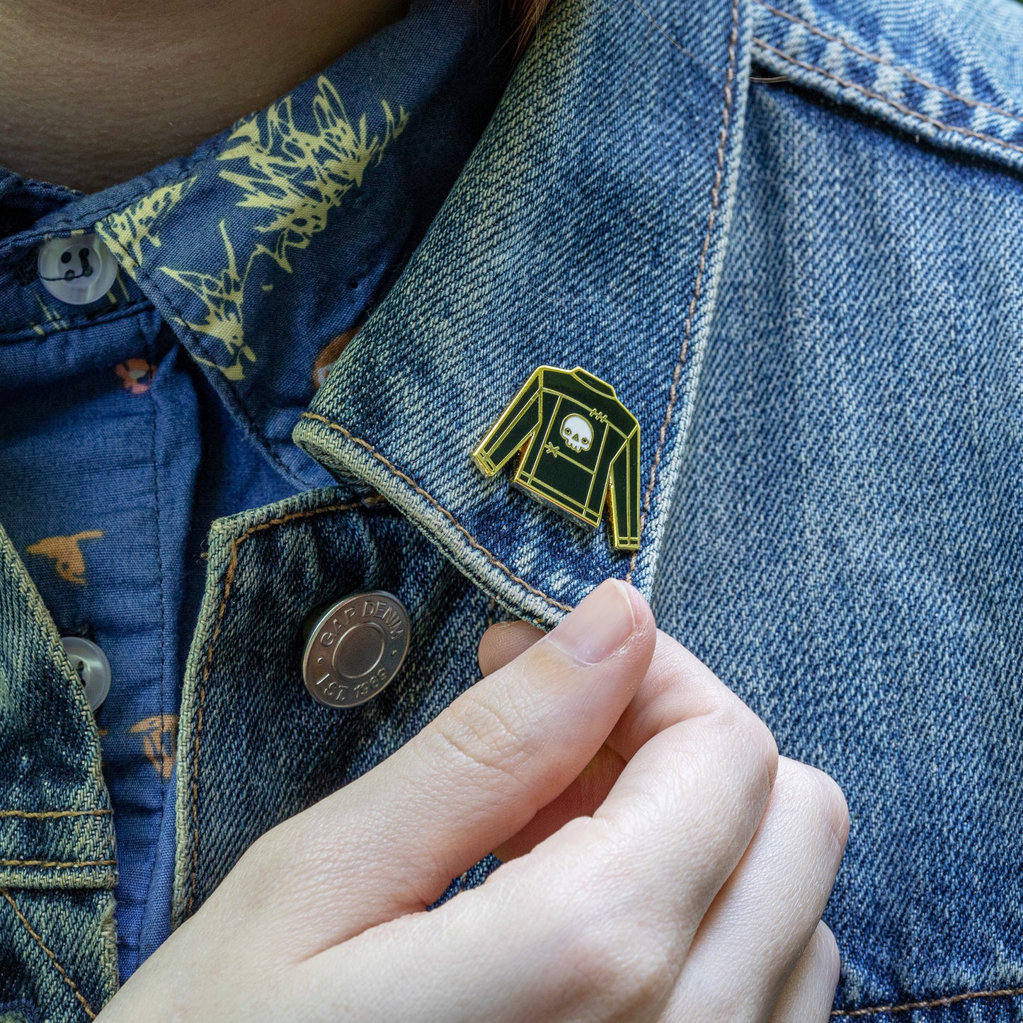 Black Jacket with Patch Enamel Pin